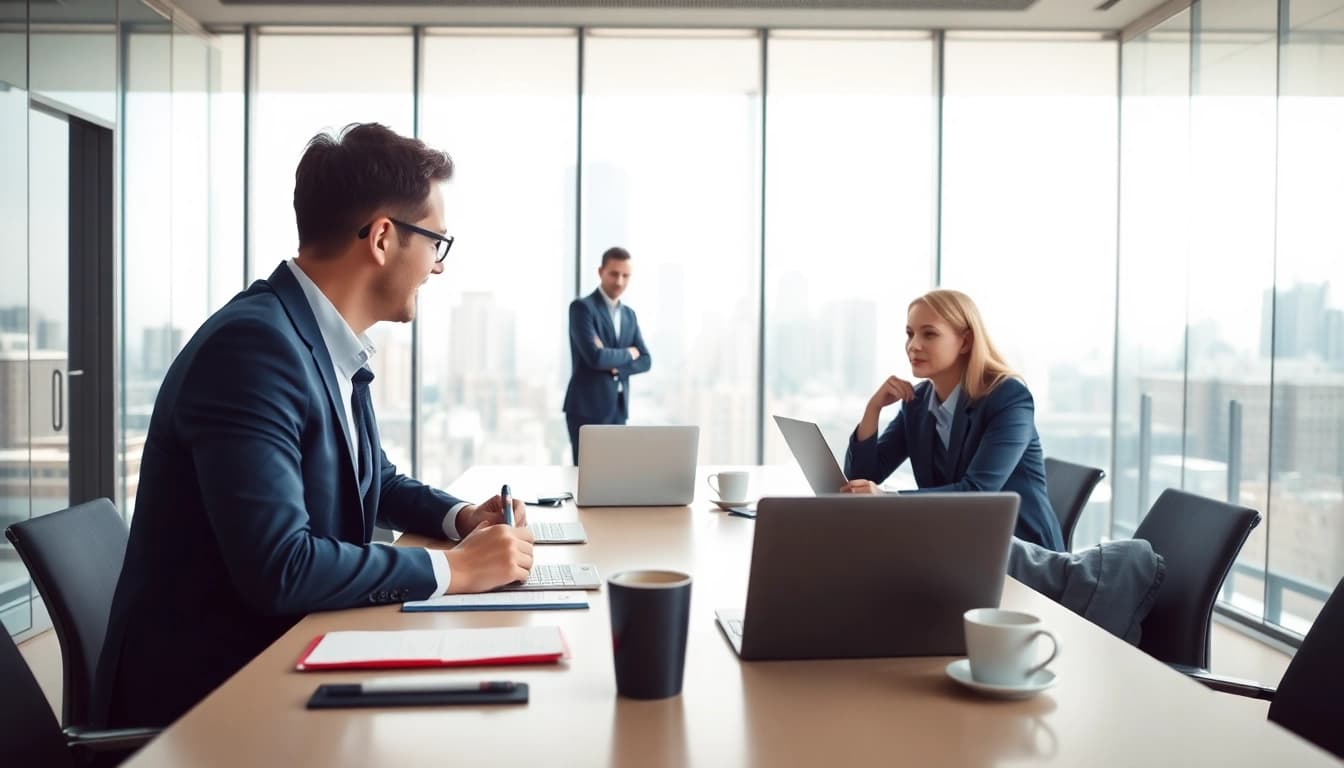 Headhunter Schweiz führt ein professionelles Gespräch in modernem Büro.