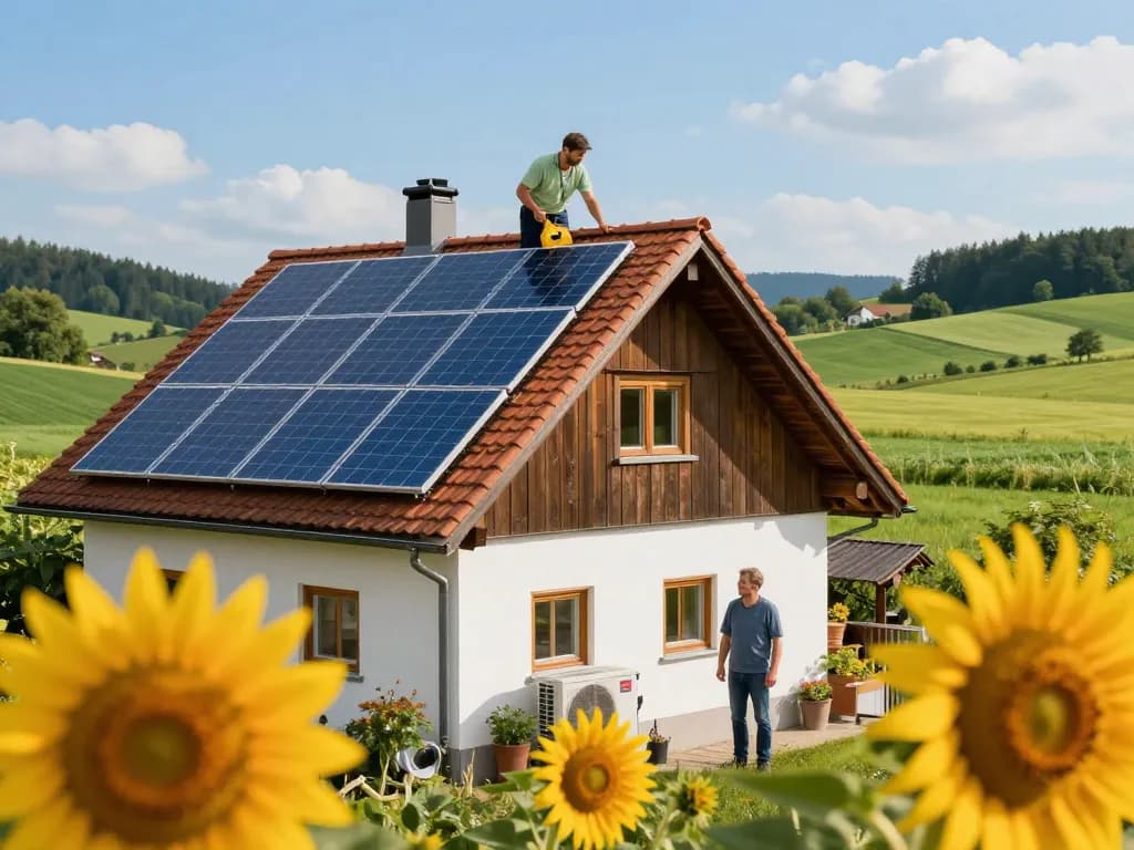 Photovoltaik Bayern: Familienhaus in Bayern mit lebhaften Solarpanelen, Installateur beschäftigt, der nachhaltige Energielösungen veranschaulicht.