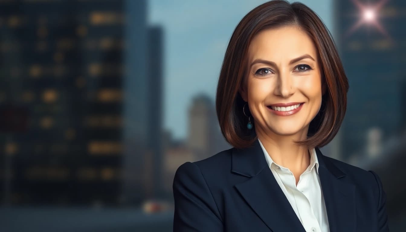 Create a polished AI professional headshot featuring a confident executive with a blurred city background.