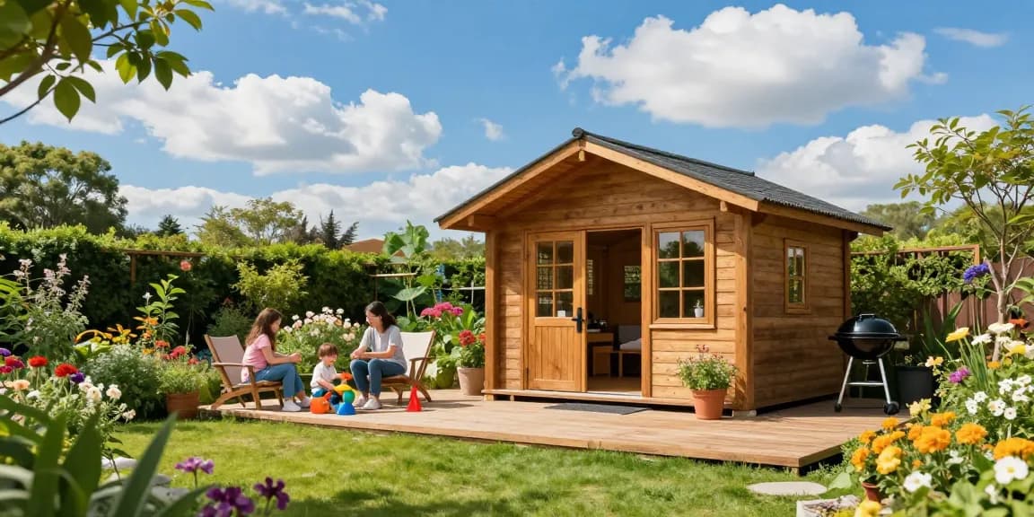 Stimmungsvolles Gartenhaus aus Holz umgeben von blühenden Pflanzen und einer Familie bei einem Grillfest.