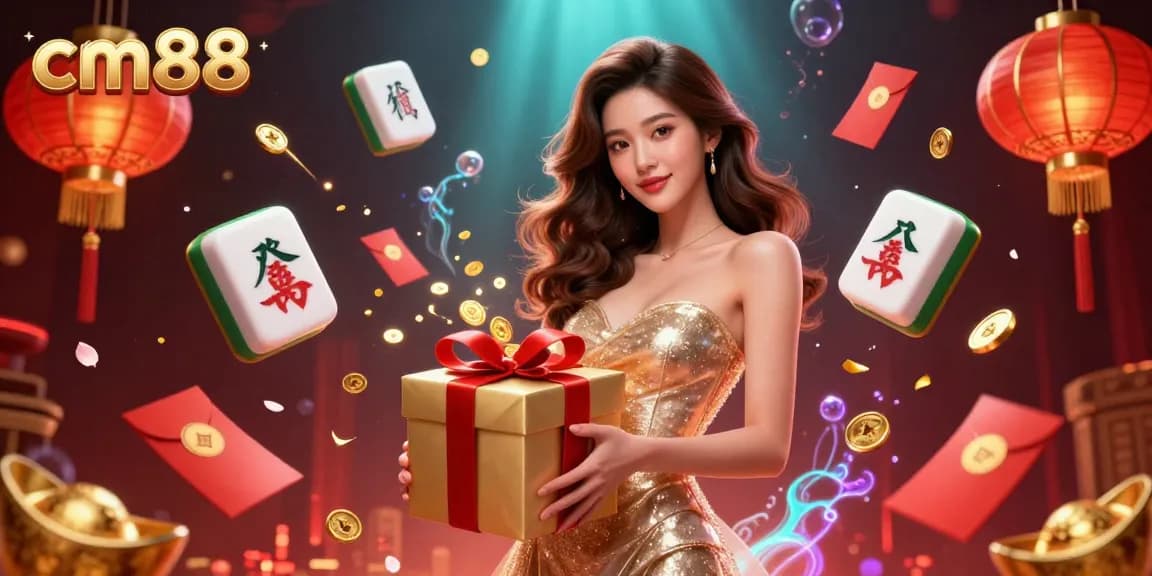 Engage with cm88 at the festive casino with a stunning Asian woman celebrating winning coins and vibrant decorations.