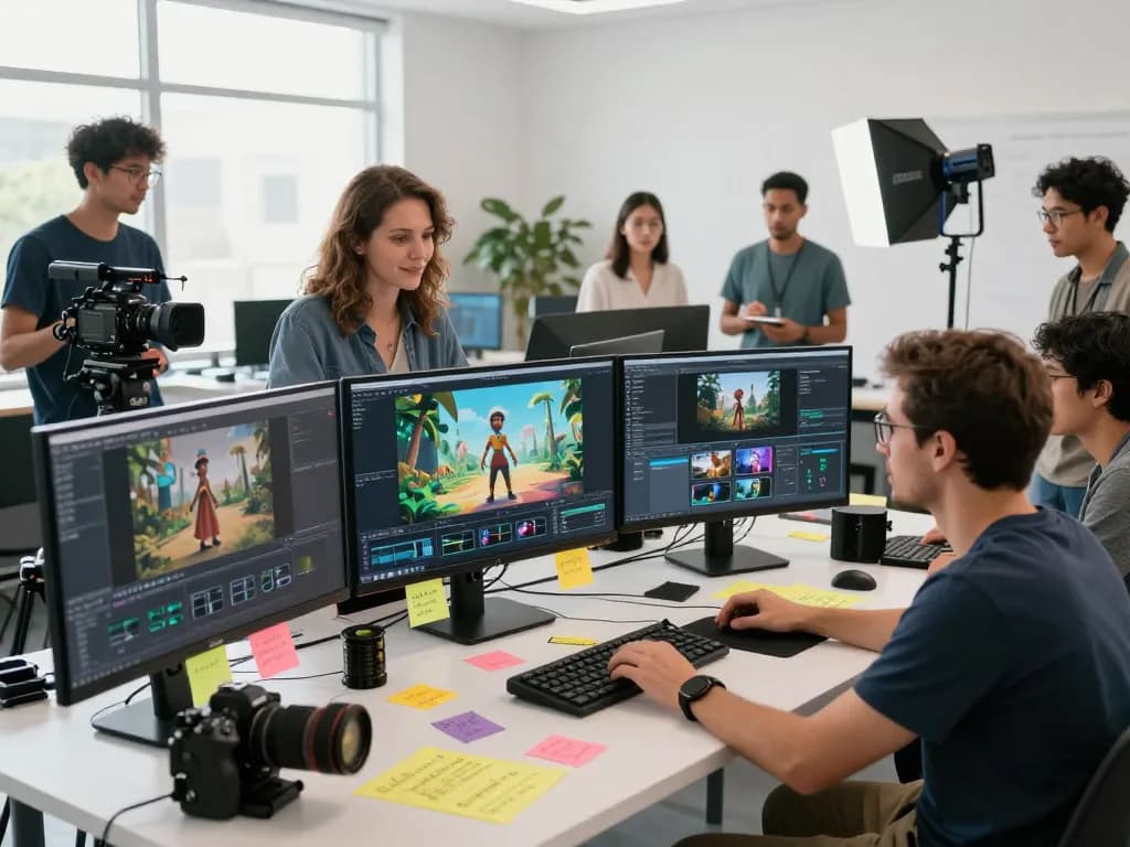 Professional creators collaborating on free motion control video project in a vibrant studio.