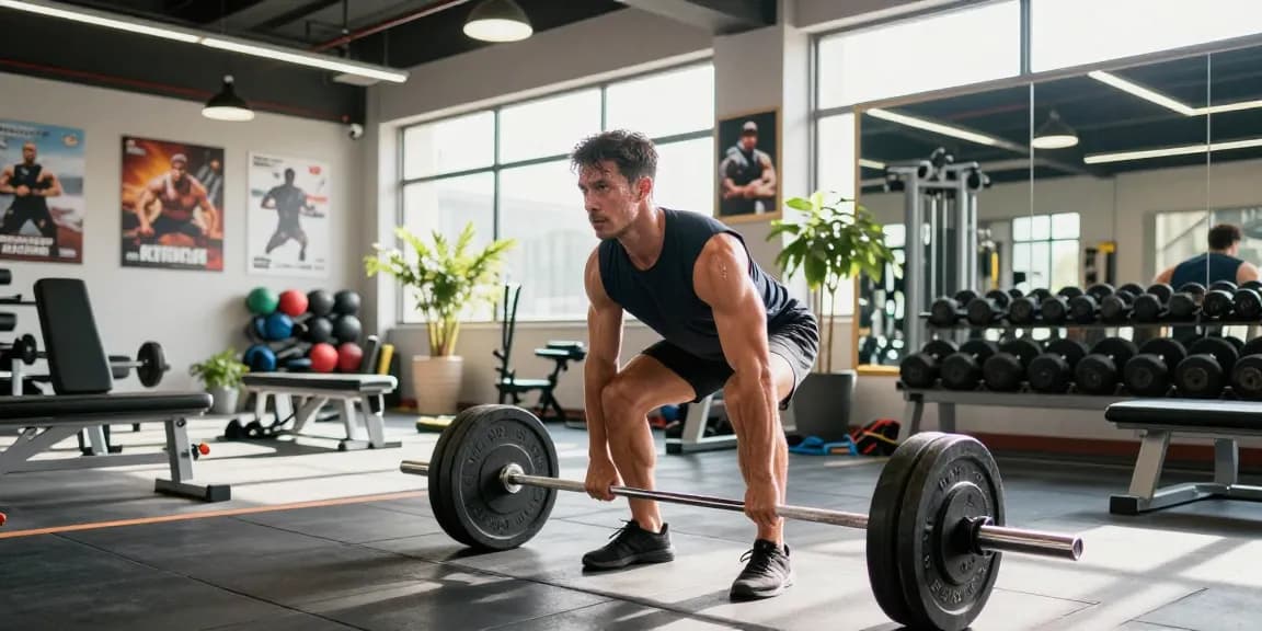 Ein Mann im Anabolika Shop hebt Gewichte in einem modernen Fitnessstudio, umgeben von Fitnessgeräten.