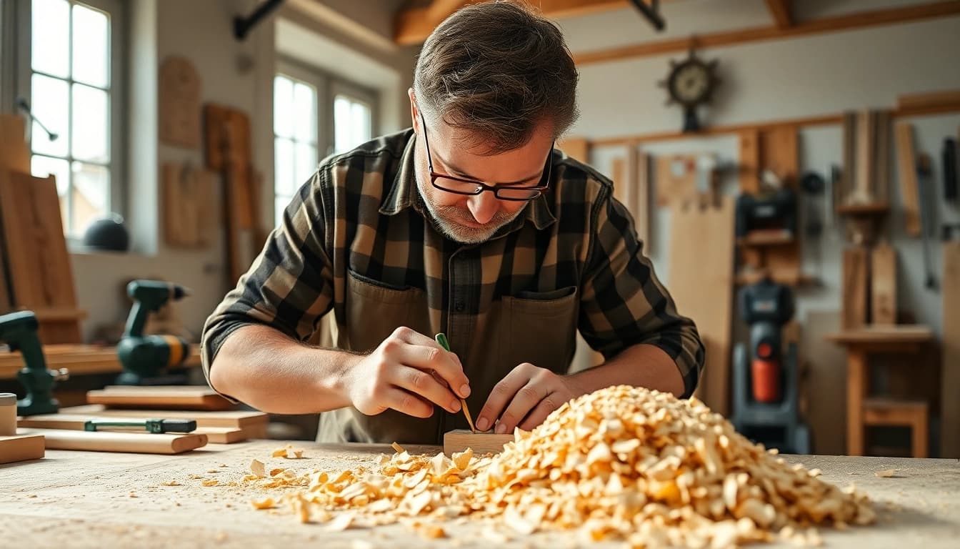 Skilled carpenter shaping wood in a bright workshop, showcasing craftsmanship and attention to detail.