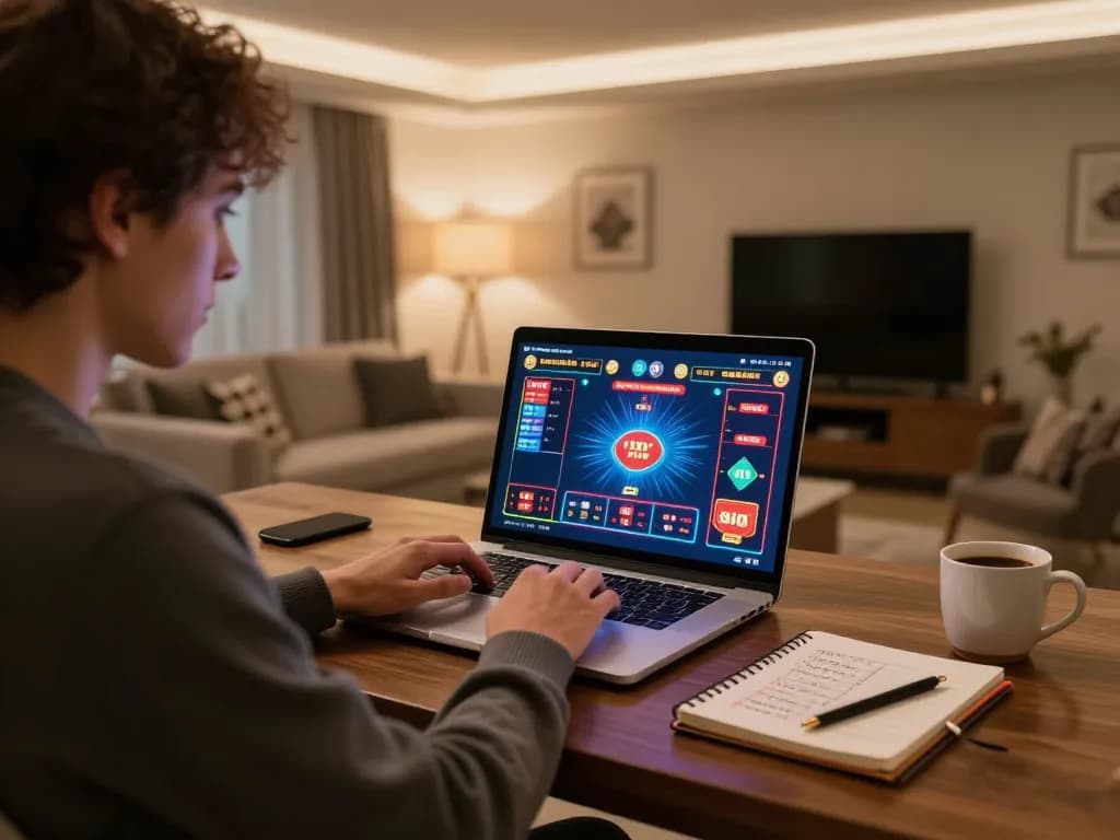 Player engaging in 33win online casino game from a stylish home office, focusing on strategy and gameplay