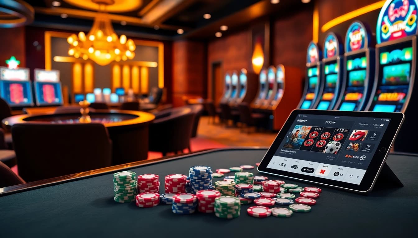 Experience excitement at NHATVIP with vibrant gambling visuals featuring tables and slot machines.