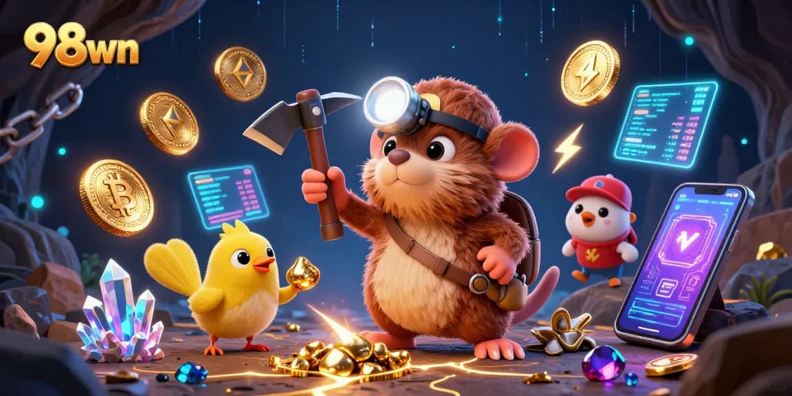 Engage with the exciting world of 98wn, exploring crypto treasures in a vibrant casino-themed 3D illustration.