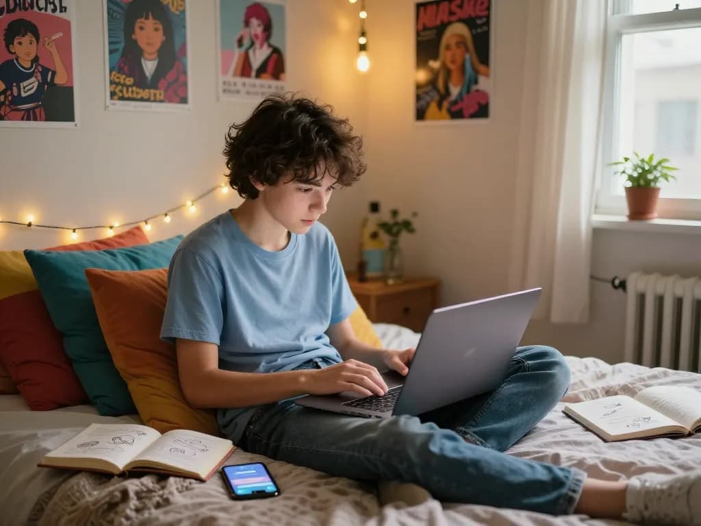 Engaging in sexting AI chat in a cozy youth bedroom with colorful decor.