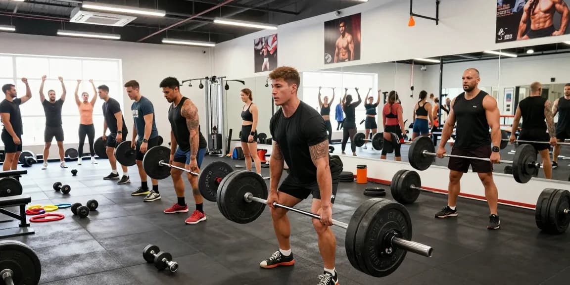 Kraftsportler, die intensiv im Steroidshop-Fitnessstudio trainieren, und ihre Stärke und Hingabe in einer motivierenden Atmosphäre zeigen.