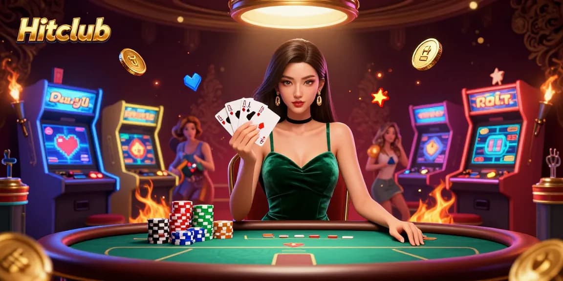 Hitclub showcases an Asian woman mastering poker strategy at a vibrant casino table.