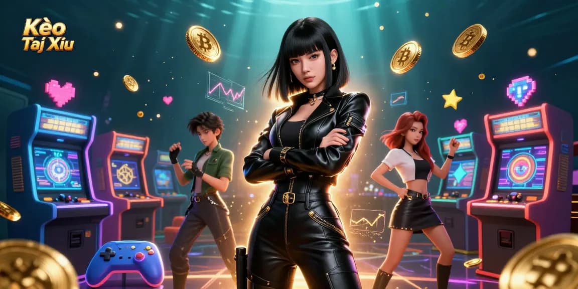Kèo Tài Xỉu illustrated scene with a powerful Asian woman surrounded by vibrant gaming elements and gold coins.