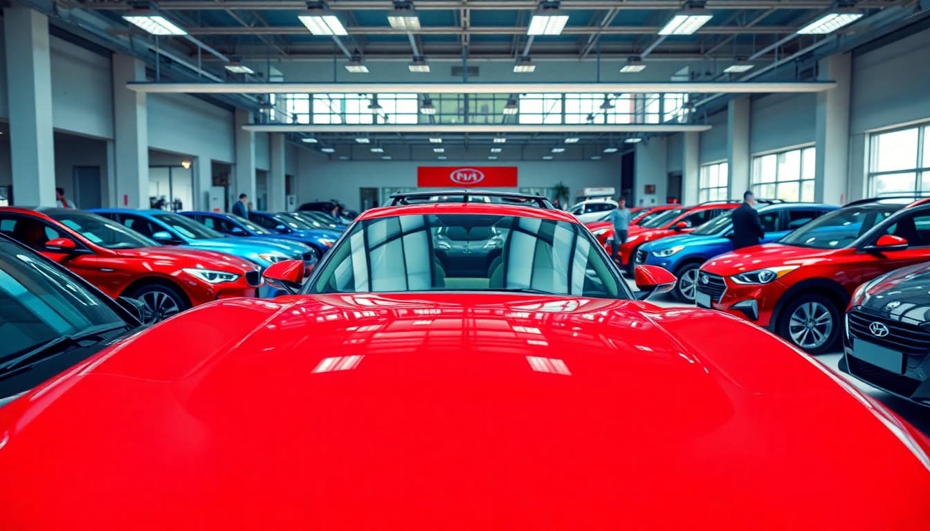 Auto kaufen in einem einladenden Autohaus mit verschiedenen Fahrzeugen im Vordergrund.