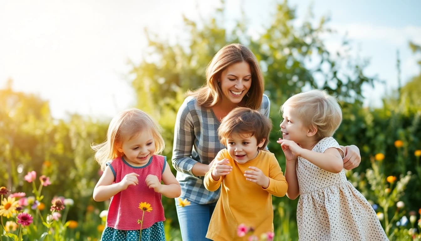 Familie genießt harmonische Momente in der Kindererziehung im Garten.