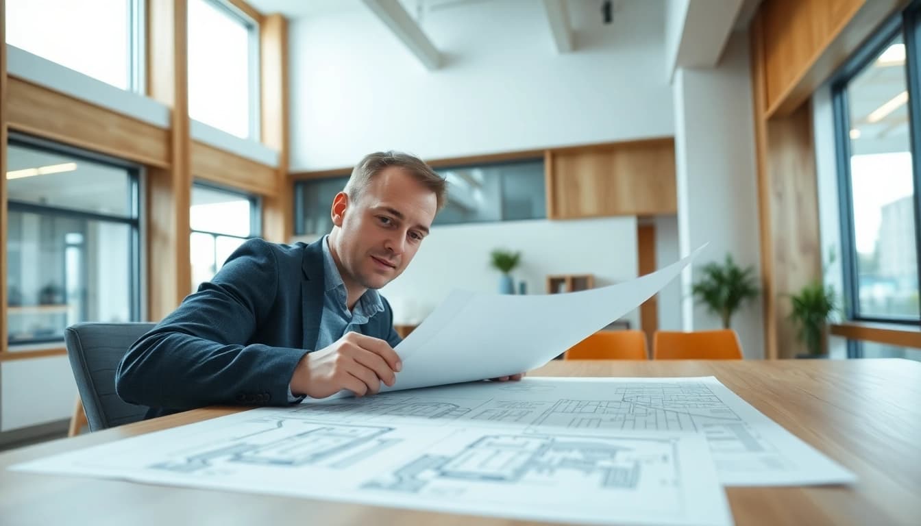 Haus bauen – Architekt analysiert Baupläne in modernem Büro mit detaillierten Entwürfen.