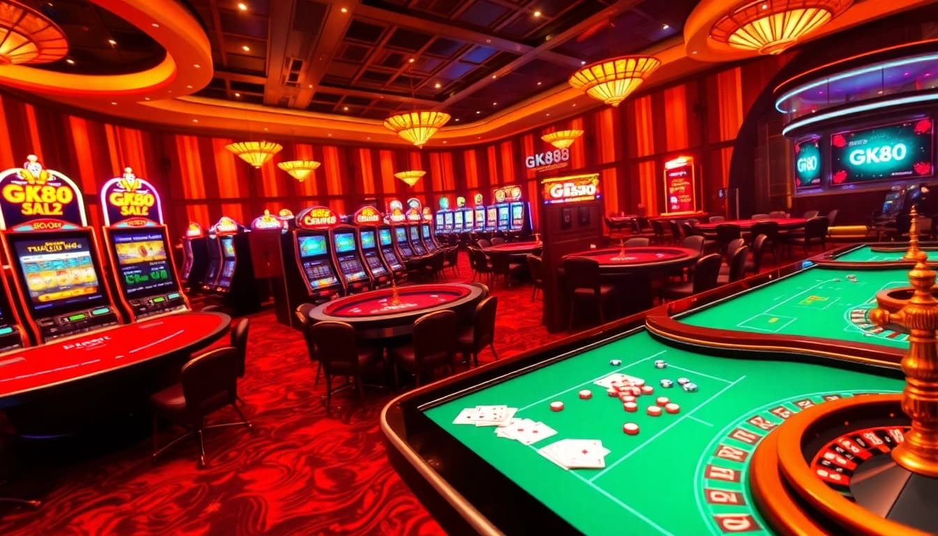 Experience thrilling gaming adventures at GK88 with dynamic casino tables and vibrant slot machines.