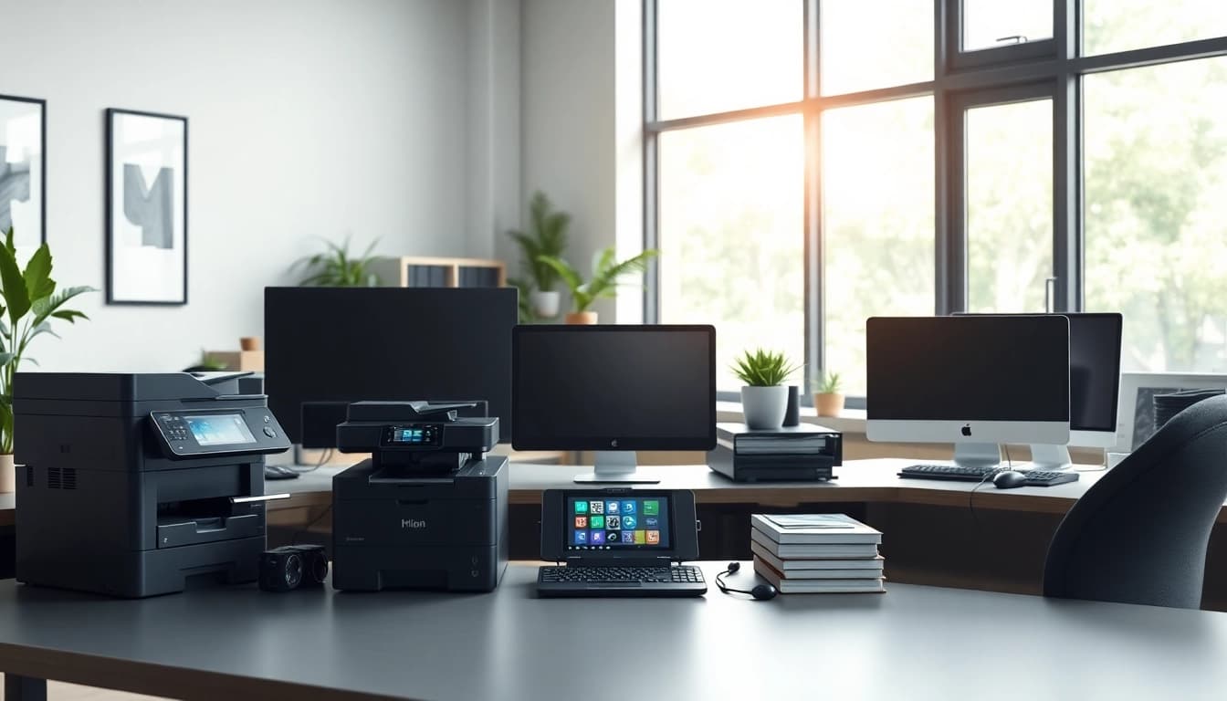 Optimale Bürotechnologie in Magdeburg mit modernen Geräten am stilvollen Arbeitsplatz.