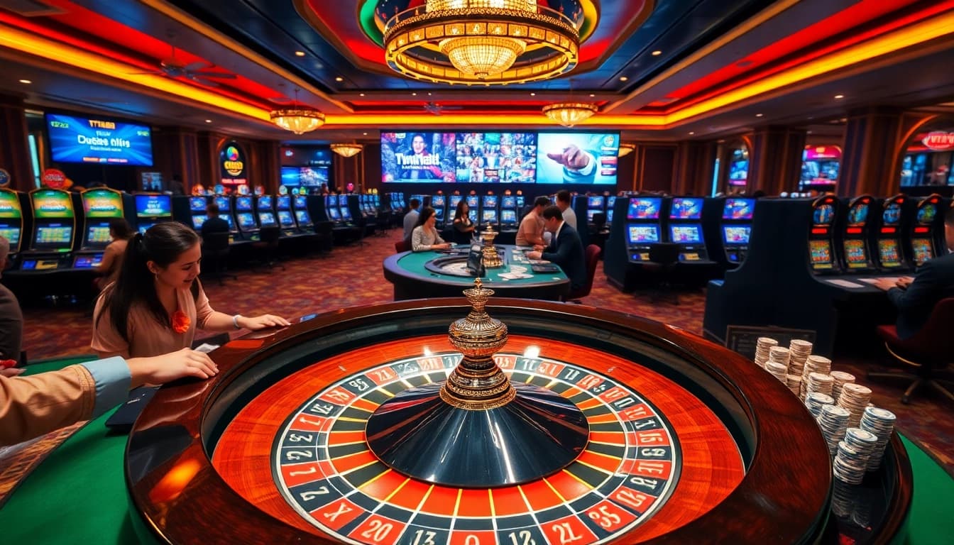 TT88 online gamblers enjoying a vibrant casino experience with roulette and slot machines.