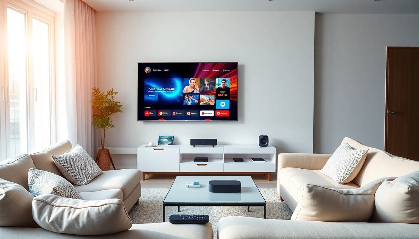 iptv kaufen in einem modernen Wohnzimmer mit TV und lebendigem Streaming-Interface