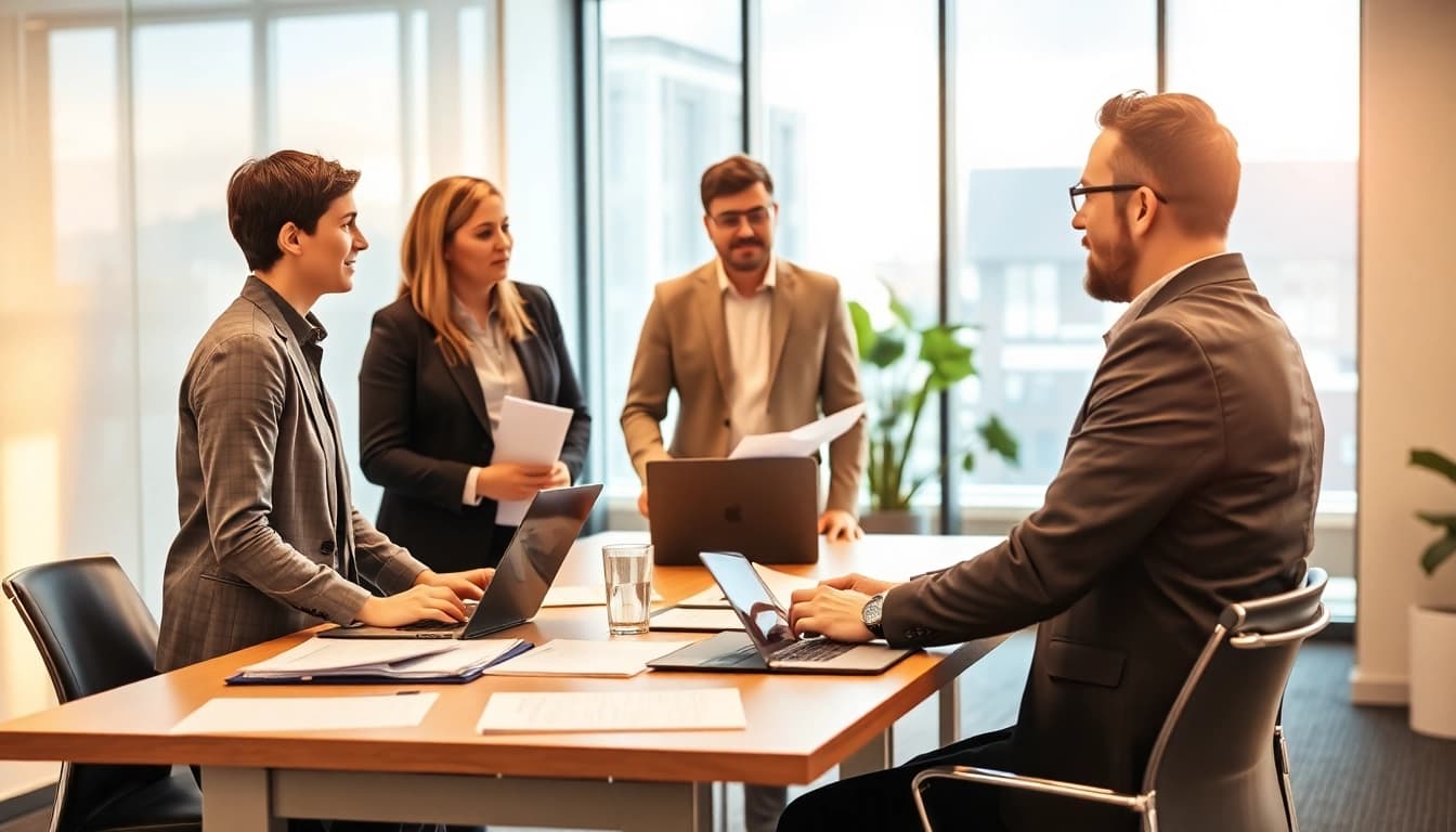 Beratungsmeeting zur unternehmensberatung altenpflege mit professionellen Beratern und Klienten in modernem Büro.