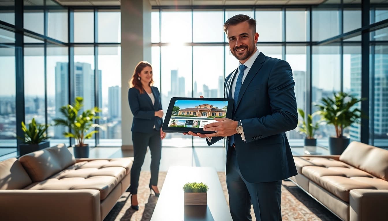 Immobilienmakler Frankfurt Ginnheim präsentiert Immobilien in einem modernen Büro.