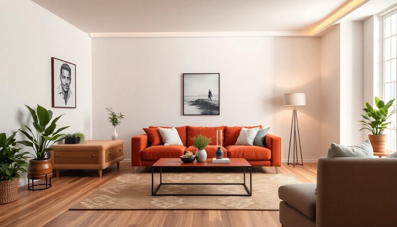 Stylische Raumgestaltung eines modernen Wohnzimmers mit eleganten Möbeln und Dekoration.