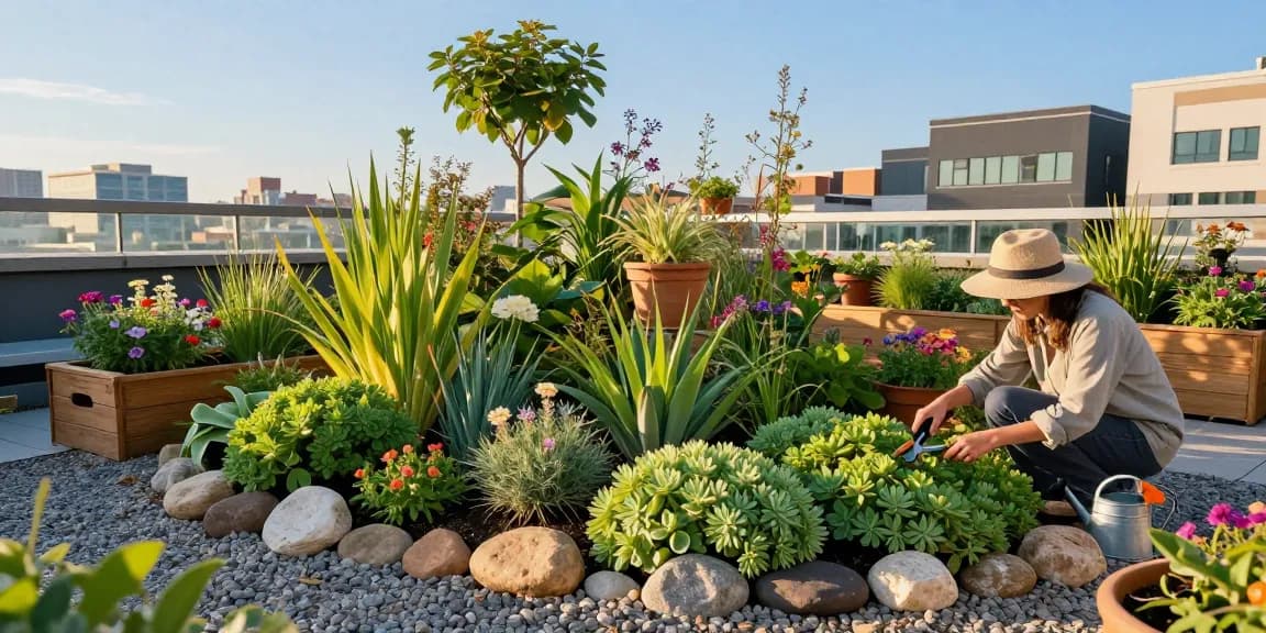 Schöner grüner Dachgarten mit Fetthenne-Pflanzen in einem lebhaften städtischen Umfeld, das die Pflege von Gartenpflanzen zeigt.