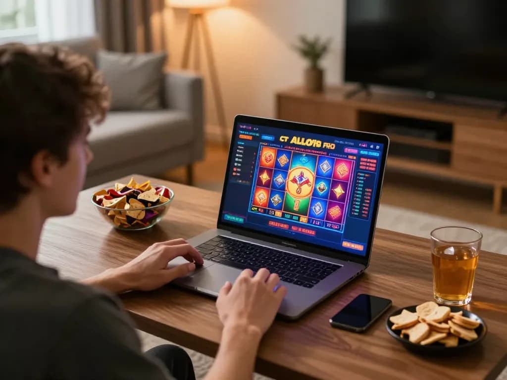 Player enjoying an online gaming session with ALO8 PRO interface on laptop in a cozy home setting.