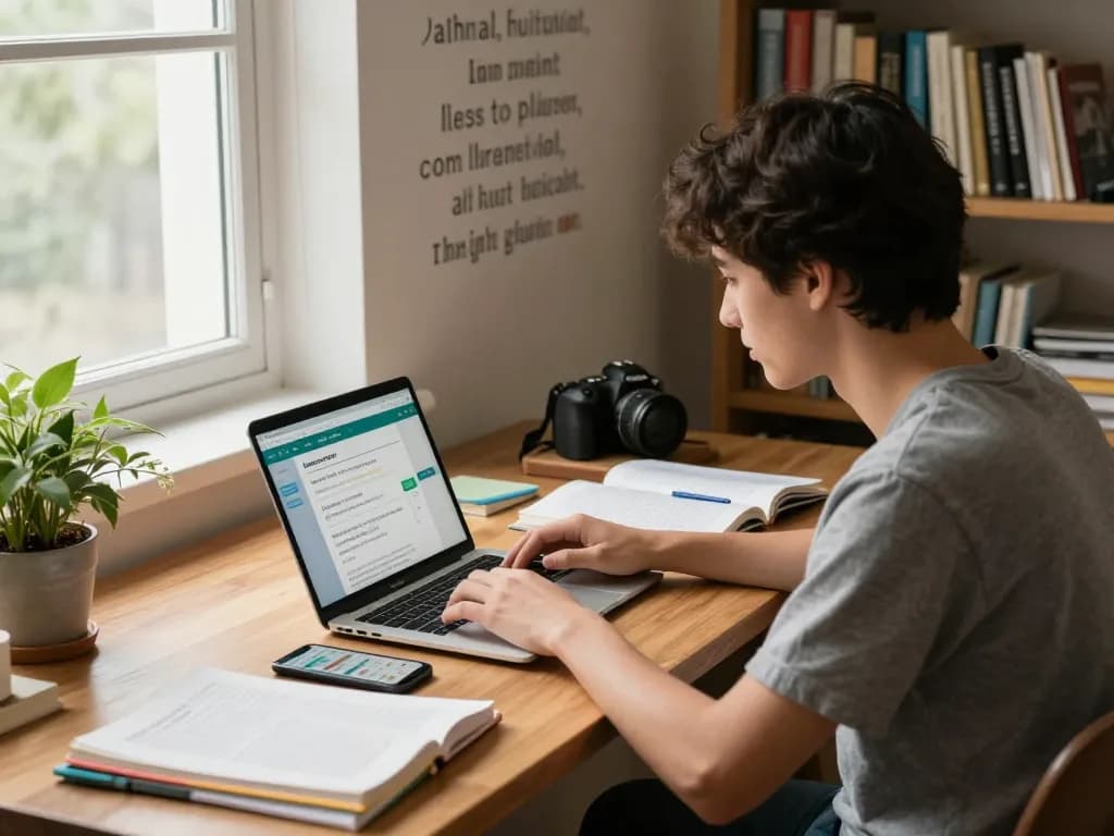 Student, der Hausaufgaben Löser online auf Laptop nutzt, umgeben von Büchern und Notizen in einem hellen Lernraum.