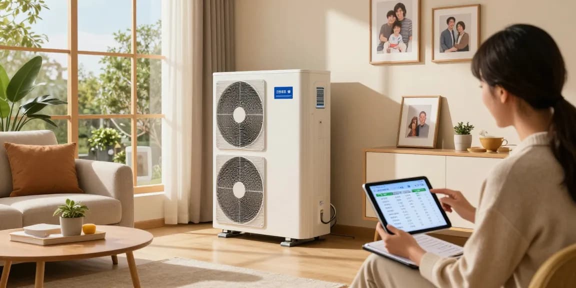 Stylish living room with a wärmepumpe kaufen focus, featuring a heat pump, couple discussing energy efficiency.