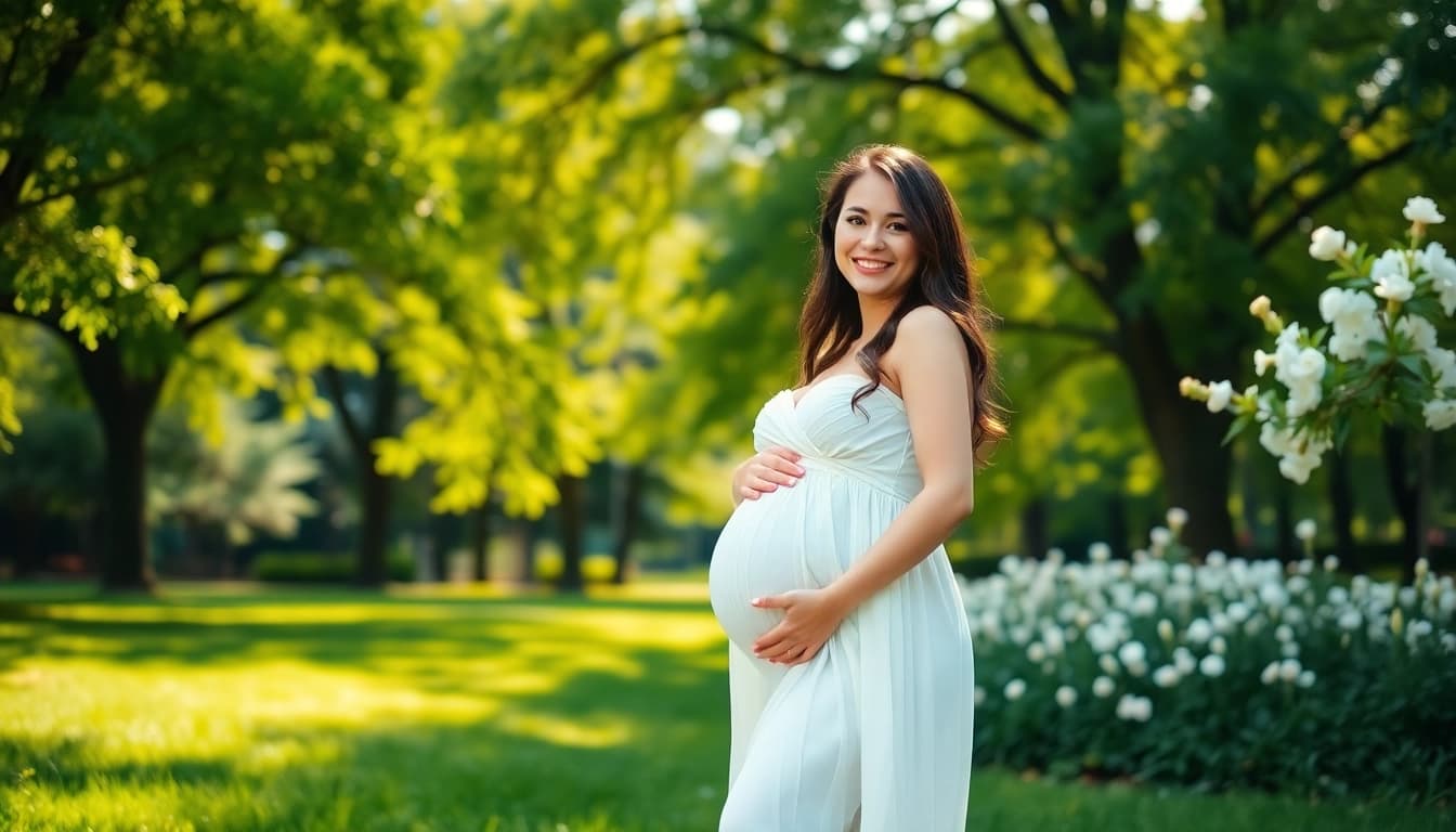 Ein bezauberndes Babybauch Shooting München mit einer schwangeren Frau in einem blühenden Park.