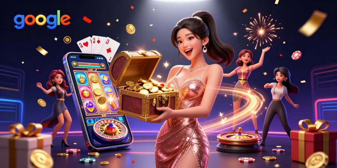 Erleben Sie aufregende Gewinne bei Google mit einem asiatischen Casino-Dealer, der Schätze und Spiele präsentiert.
