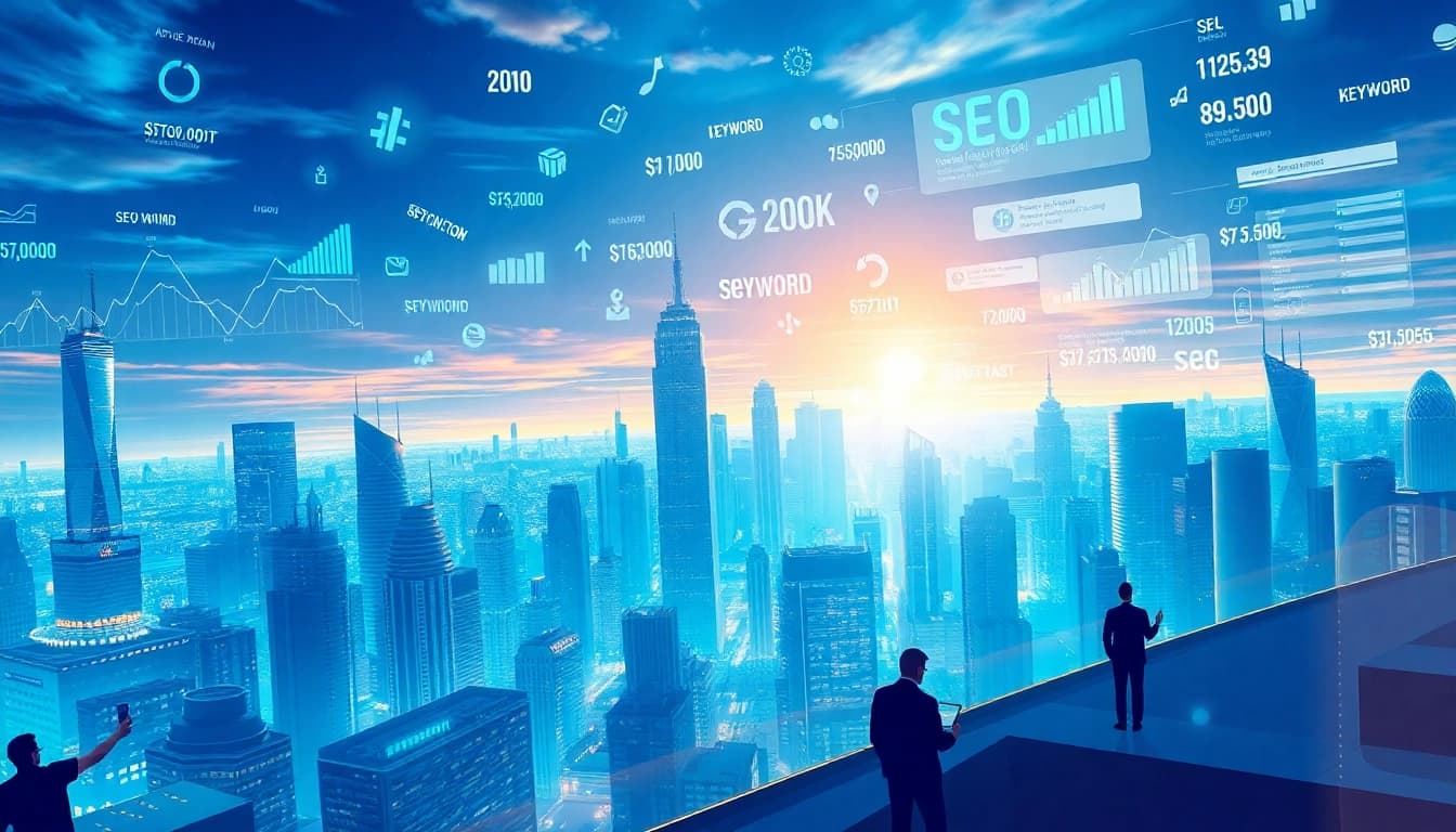 Visualize the dynamic world of SEO-Ranking with a futuristic city skyline showcasing digital marketing elements.