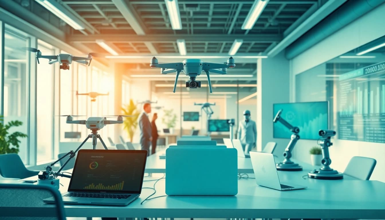 Technik Innovation in a vibrant office with diverse technology devices and collaborative atmosphere.