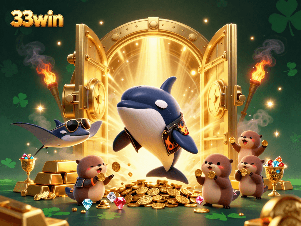 Exciting 33win casino scene with characters enjoying winning at games, showcasing vibrant details and gold.