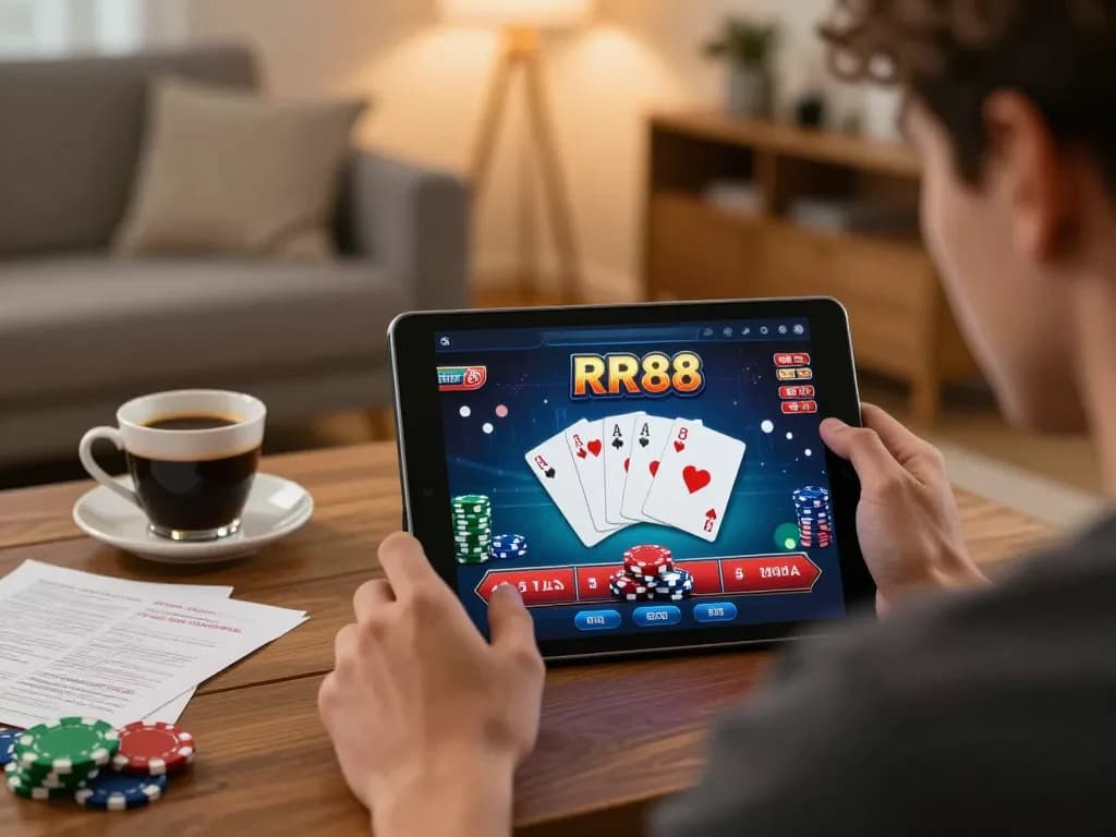Player engaging with RR88 online casino on tablet, vibrant poker interface visible, cozy gaming atmosphere with strategic notes.