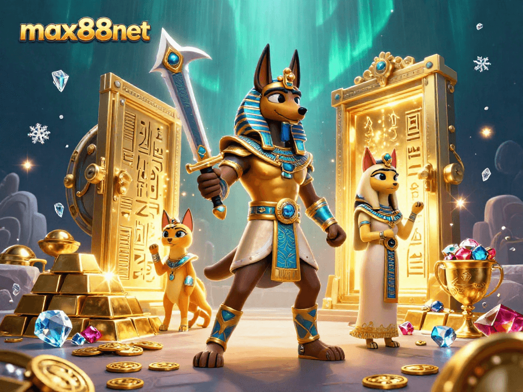 Max88net showcases an Egyptian warrior and Bastet amidst brilliant casino treasures.