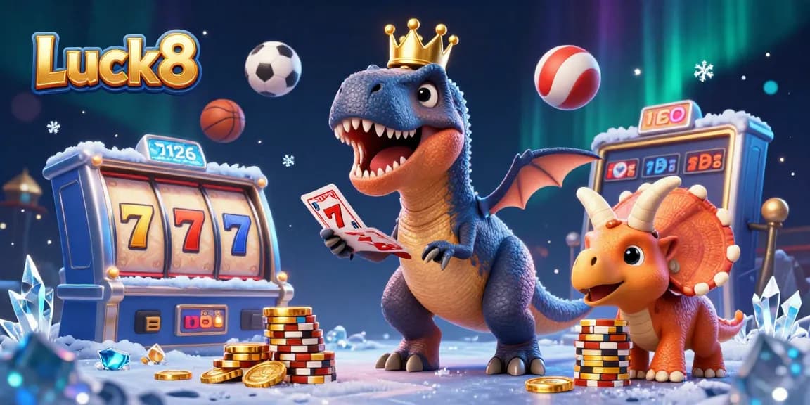 Luck8-themed illustration featuring a T-Rex, pterodactyl, and triceratops amidst casino elements and vibrant visuals.