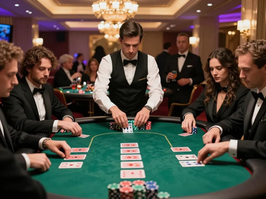SV388 players strategizing in a high-stakes poker game with vibrant atmosphere and colorful chips.