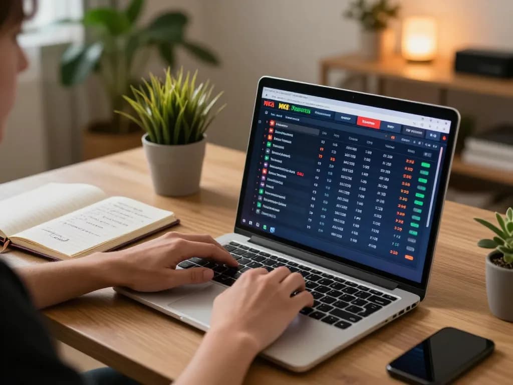 Engaging in MK8 sports betting on a laptop with strategic notes and warm ambiance