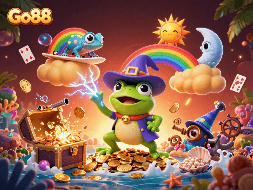 Experience the joy of winning with Go88's vibrant casino adventures featuring golden coins and playful characters.