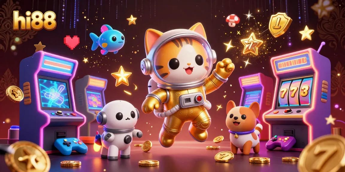 Experience the excitement of hi88 with a vibrant 3D casino scene featuring a space astronaut cat.