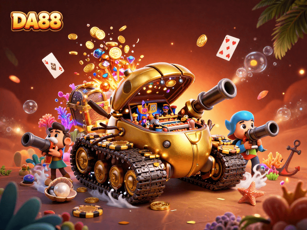 DA88 immersive casino experience captured in a vibrant 3D illustration showcasing games and treasures.