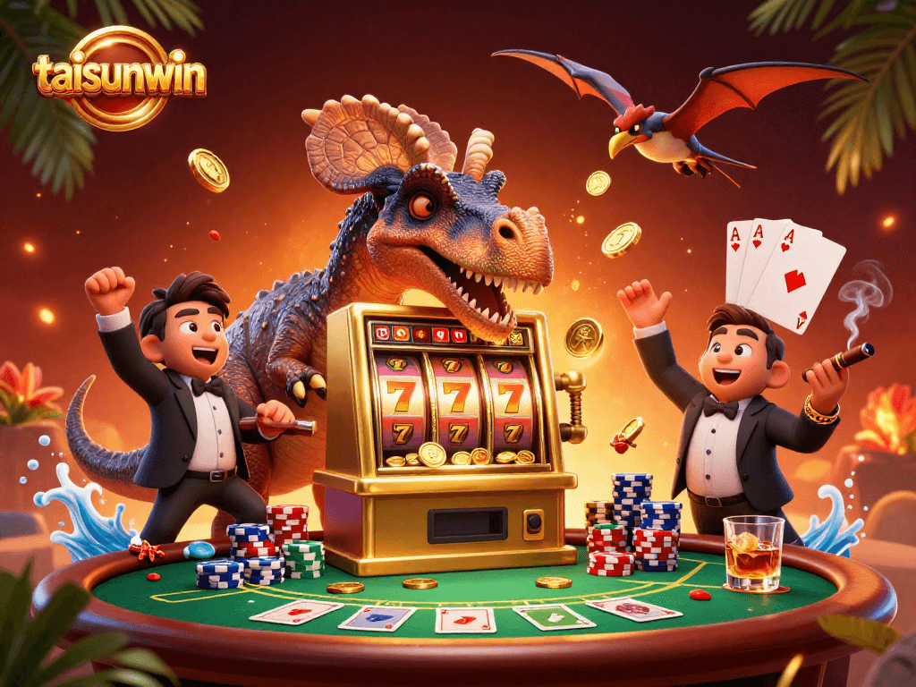 Experience the taisunwin jackpot action as a dinosaur celebrates a slot win amidst casino excitement!