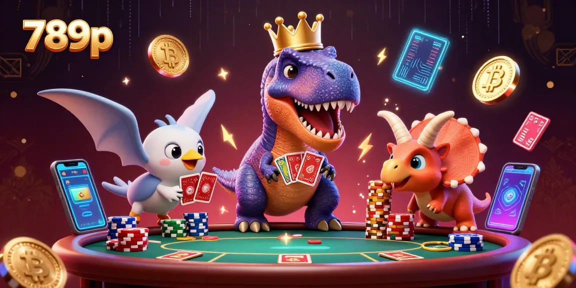 Play exciting games and winning strategies at 789p's casino, featuring card shuffling dinosaurs and golden chips.
