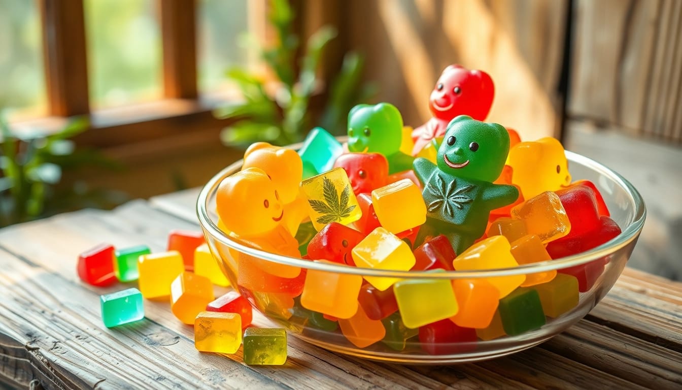 Genieße cannabis gummibärchen in einer farbenfrohen Schüssel, liebevoll arrangiert auf einem Holztisch.