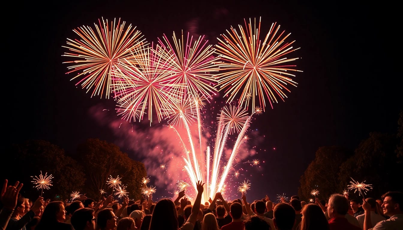 Vibrant wholesale fireworks illuminating a festive crowd's excitement at night.