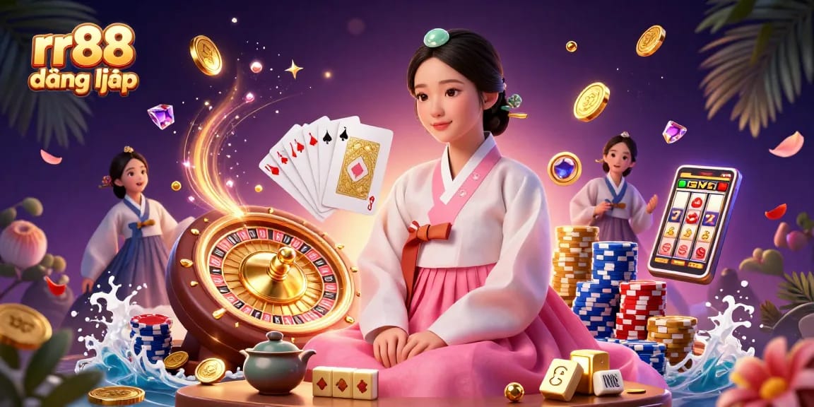 Experience rr88 đăng nhập with captivating casino elements including a serene Asian woman, roulette wheel, and sparkling coins.