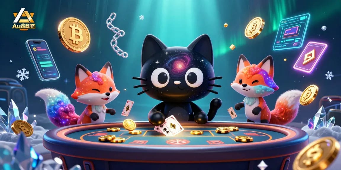 Play and win exciting prizes at Au88 DM, featuring vibrant characters and crypto elements in a cosmic-themed casino.