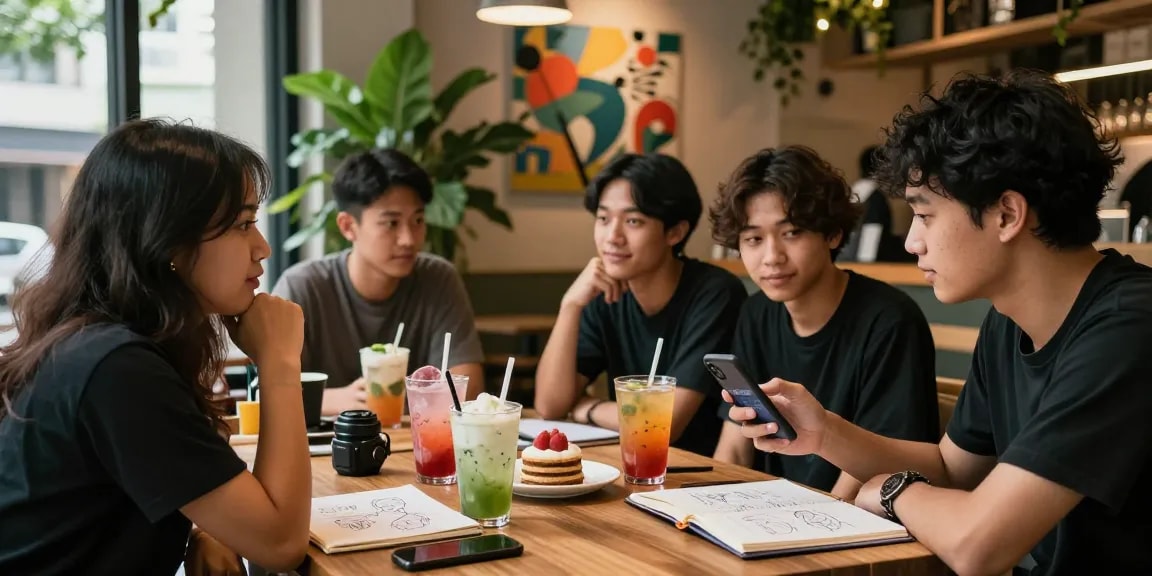 Group of friends at café discussing rokok88 while enjoying drinks and pastries.