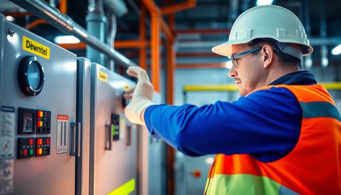Technician performing a thorough DGUV V3 Prüfung on electrical equipment, ensuring workplace safety and compliance.